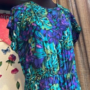 Vintage 1980’s Lucy Pellini, vibrant multicolor short sleeve midi dress. Size 12